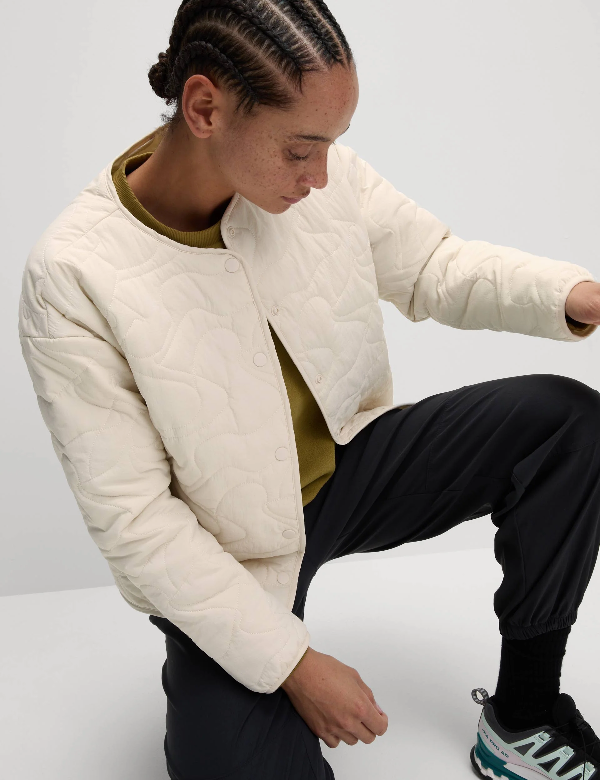 Quilted Lightweight Collarless Jacket - Ivory